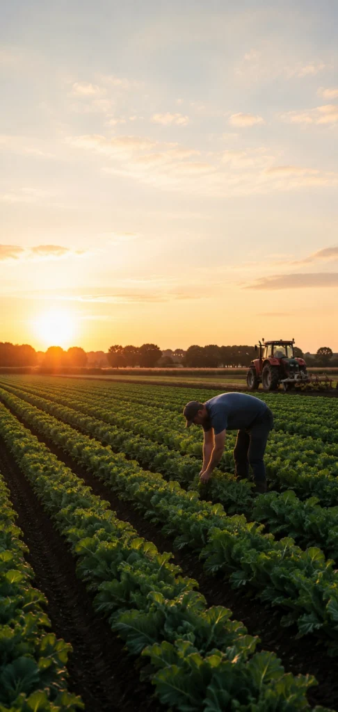 Farmer inspecting crops at sunset
